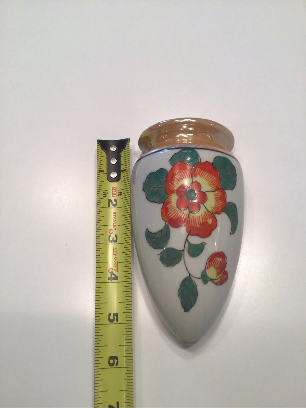 Vintage Japan Lusterware Wall Pocket Vase Hand Painted Flower Glossy Peach